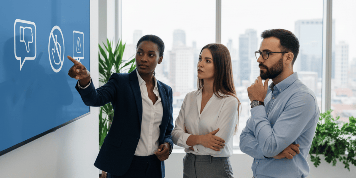 Colaboradores conversando sobre o tema de prevenção ao assédio no ambiente de trabalho