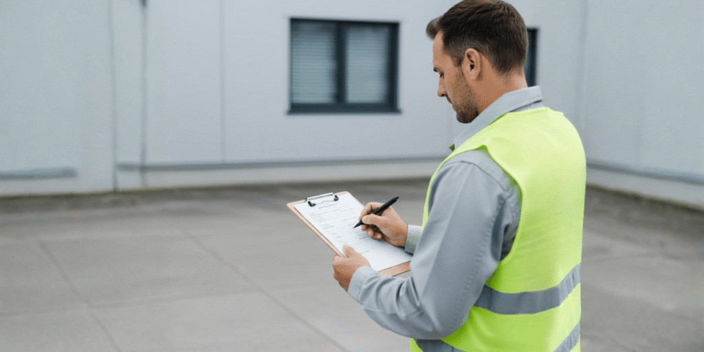 Fiscal fazendo registro de laudos SST - Saúde e Segurança do Trabalho - Qualitá Mais