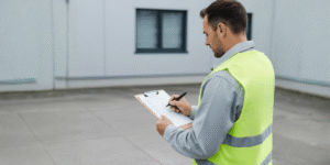 Fiscal fazendo registro de laudos SST - Saúde e Segurança do Trabalho - Qualitá Mais